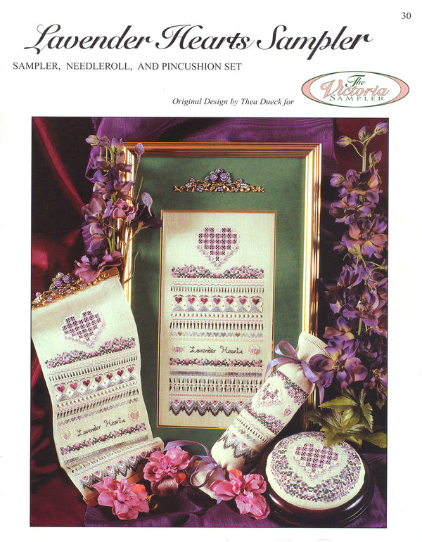 Lavender Hearts Sampler - Needleroll Pincushion - Embroidery and Cross Stitch Pattern - PDF Download