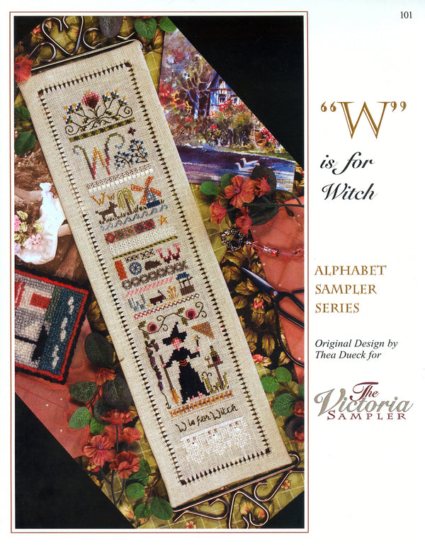 W is for Witch Sampler - Alphabet Series 23 of 24 - Embroidery and Cross Stitch Pattern - PDF Download