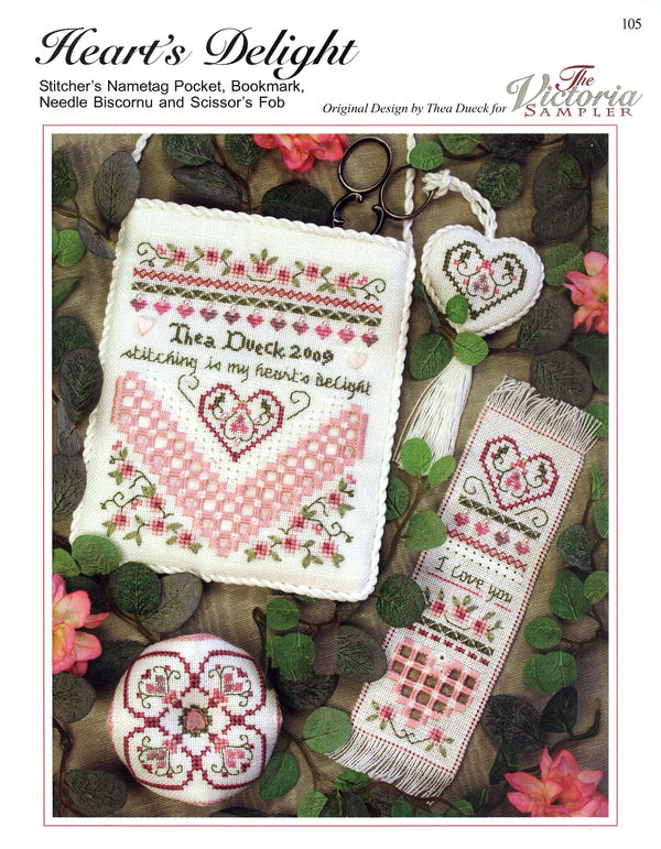 Heart's Delight Sampler - Pocket Bookmark Fob Biscornu - Embroidery and Cross Stitch Pattern - PDF Download