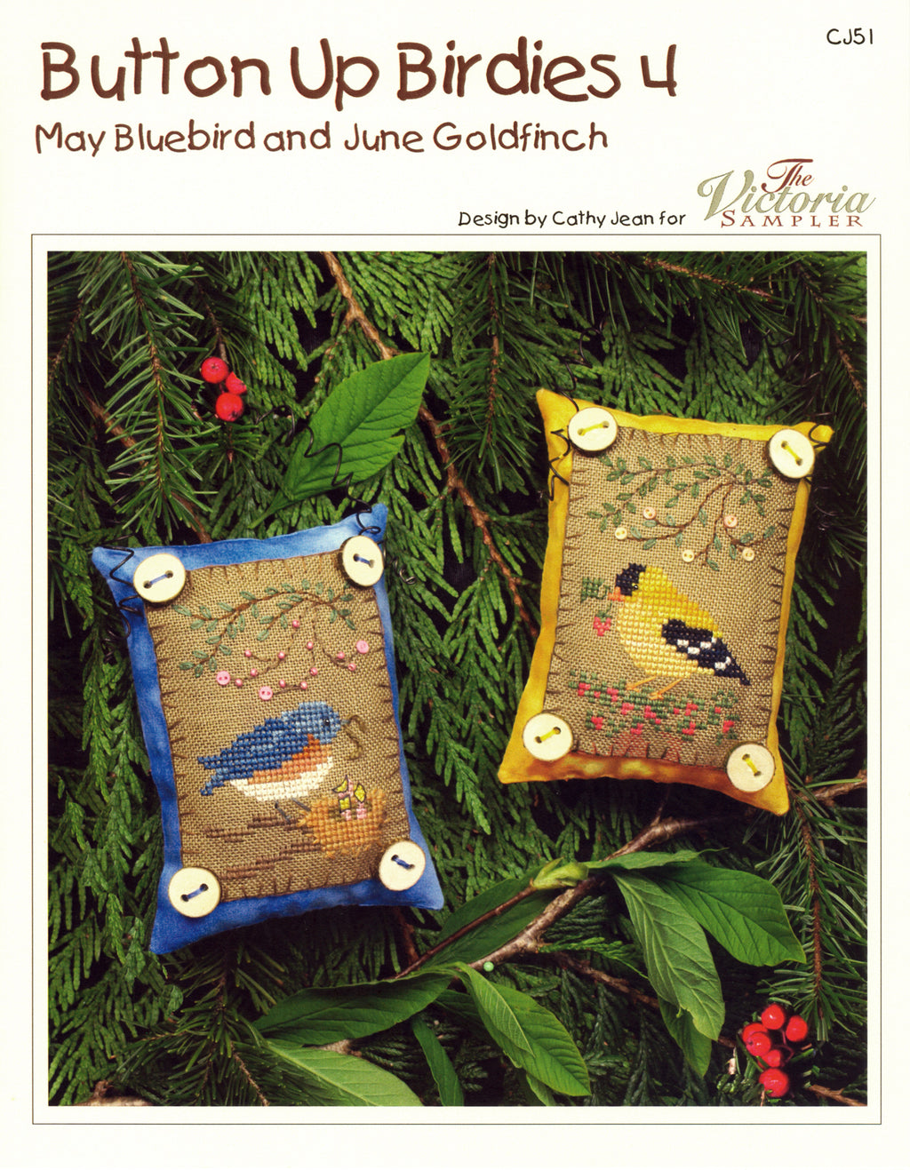 希少　サリースコットSally Scott 木製ブローチ 鳥デザイン Button Up Birdies 4 - Ornaments - Christmas Cross Stitch Pattern
