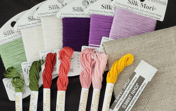 Floral Biscornu Cross Stitch Threads for Pattern on Victoria Sampler website