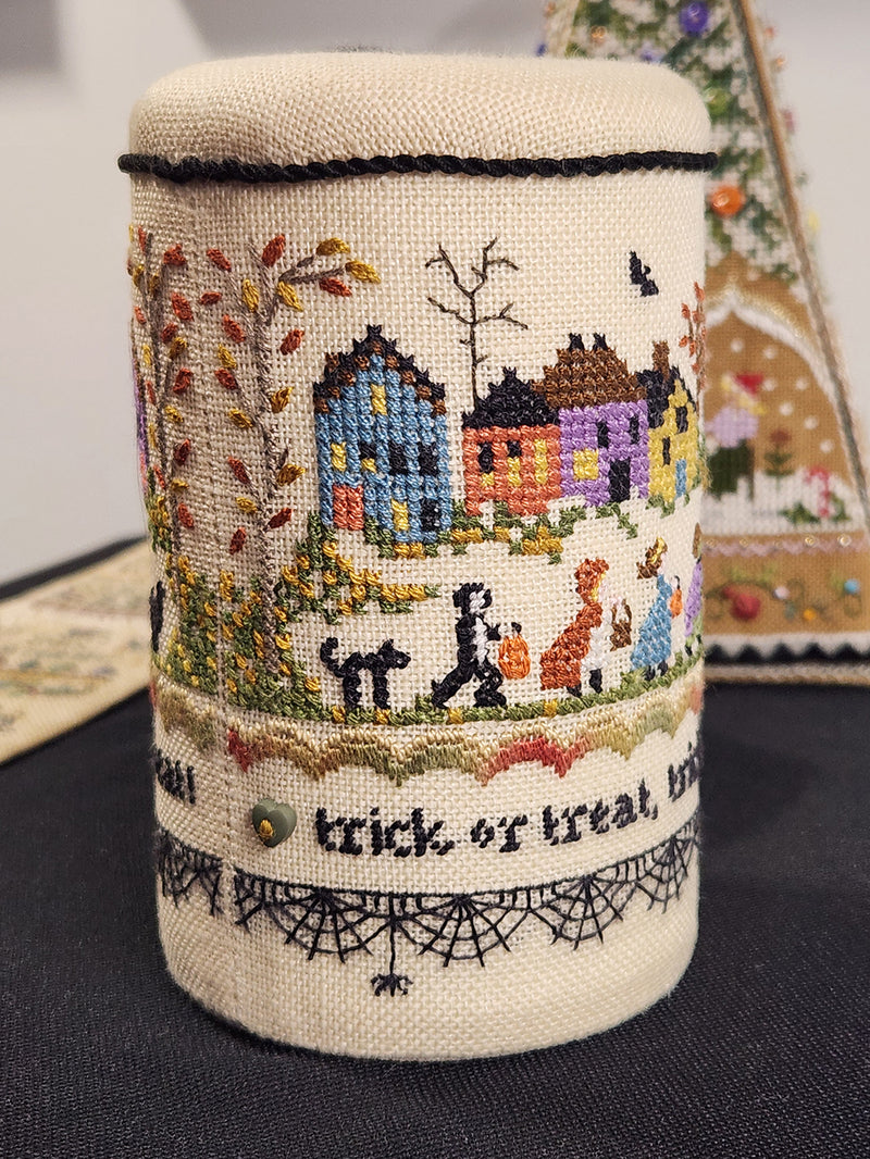 PRE-SALE!! - Spooky Treats Drum Pincushion - Halloween Embroidery and Cross Stitch - Printed Pattern