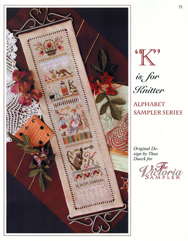 K is for Knitter Sampler - Alphabet Series 11 of 24 - Embroidery and Cross Stitch Pattern - PDF Download