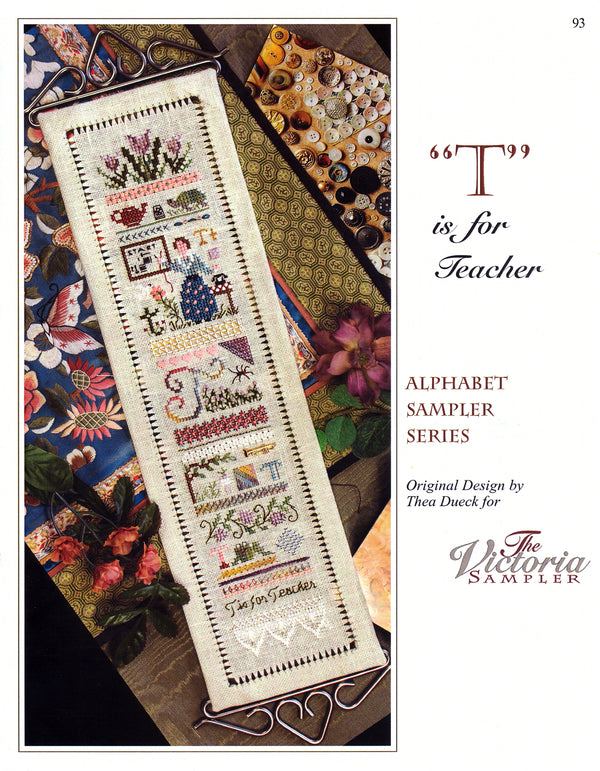 T is for Teacher Sampler - Alphabet Series 20 of 24 - Embroidery and Cross Stitch Pattern - PDF Download