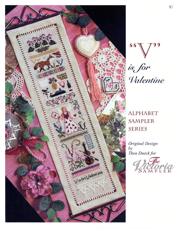 V is for Valentine Sampler - Alphabet Series 22 of 24 - Embroidery and Cross Stitch Pattern - PDF Download